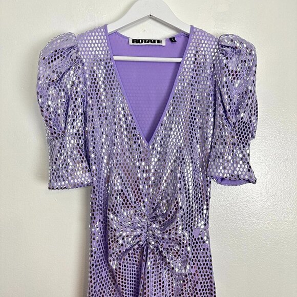 ROTATE Sierina Ruched Puff Sleeve Metallic Midi Dress in Purple Size US 0 - Picture 7 of 16